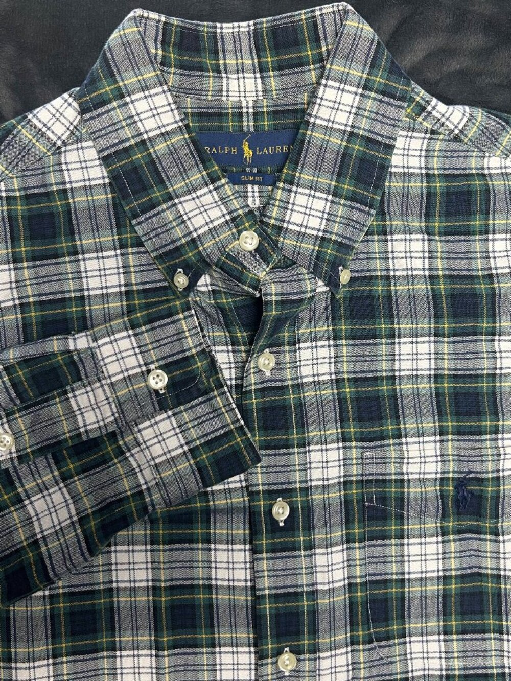 Ralph Lauren Slim Fit M Green Navy White Plaid Yellow Long Sleeve Cotton